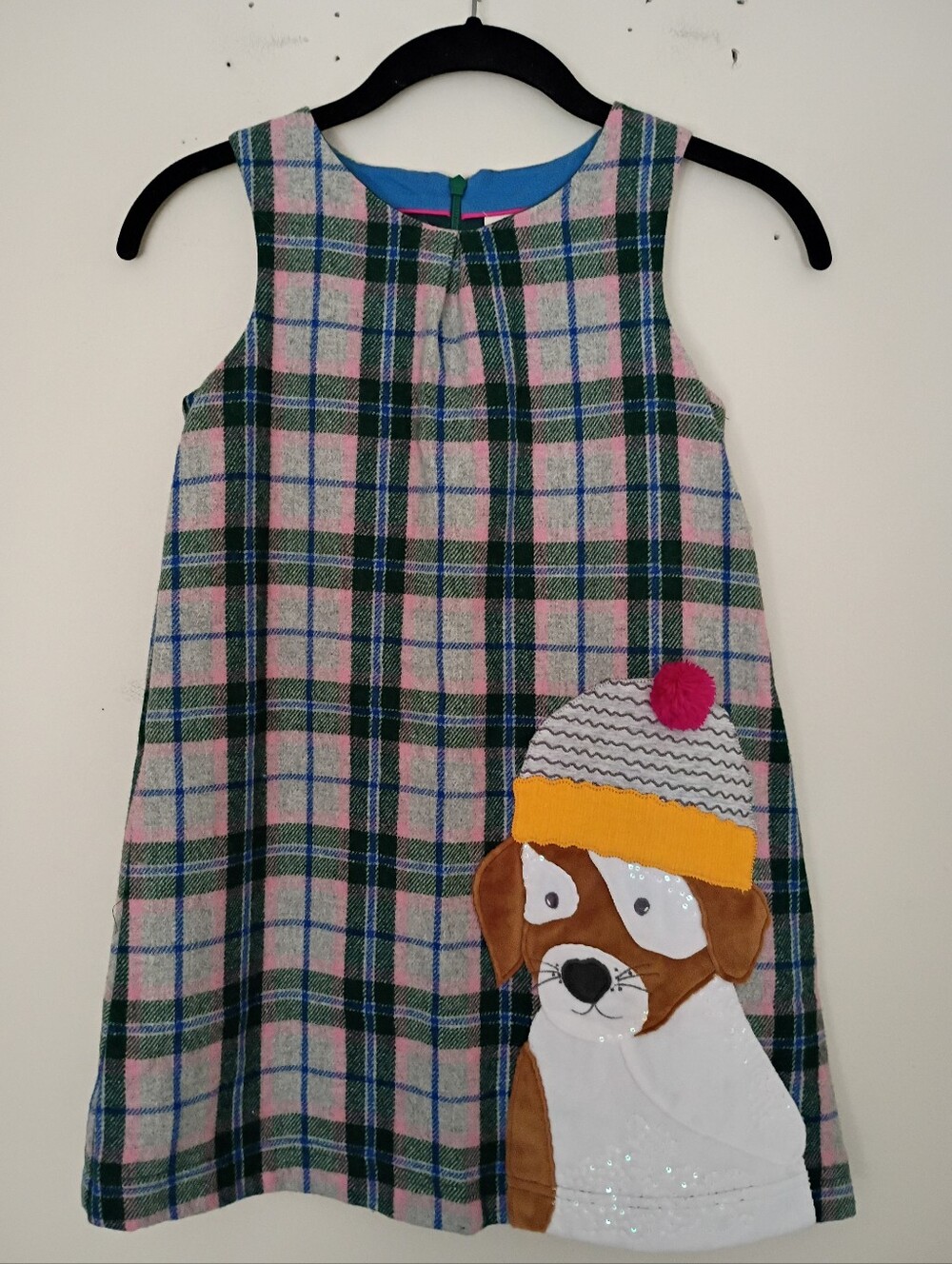 Mini Boden Plaid Wool Blend Lined Dog Applique Jumper Dress Girls 7 8 Years